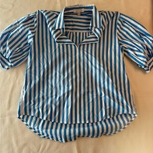 AYR Capeside Puff Sleeves Blue White Stripe Notch Neck Blouse XS